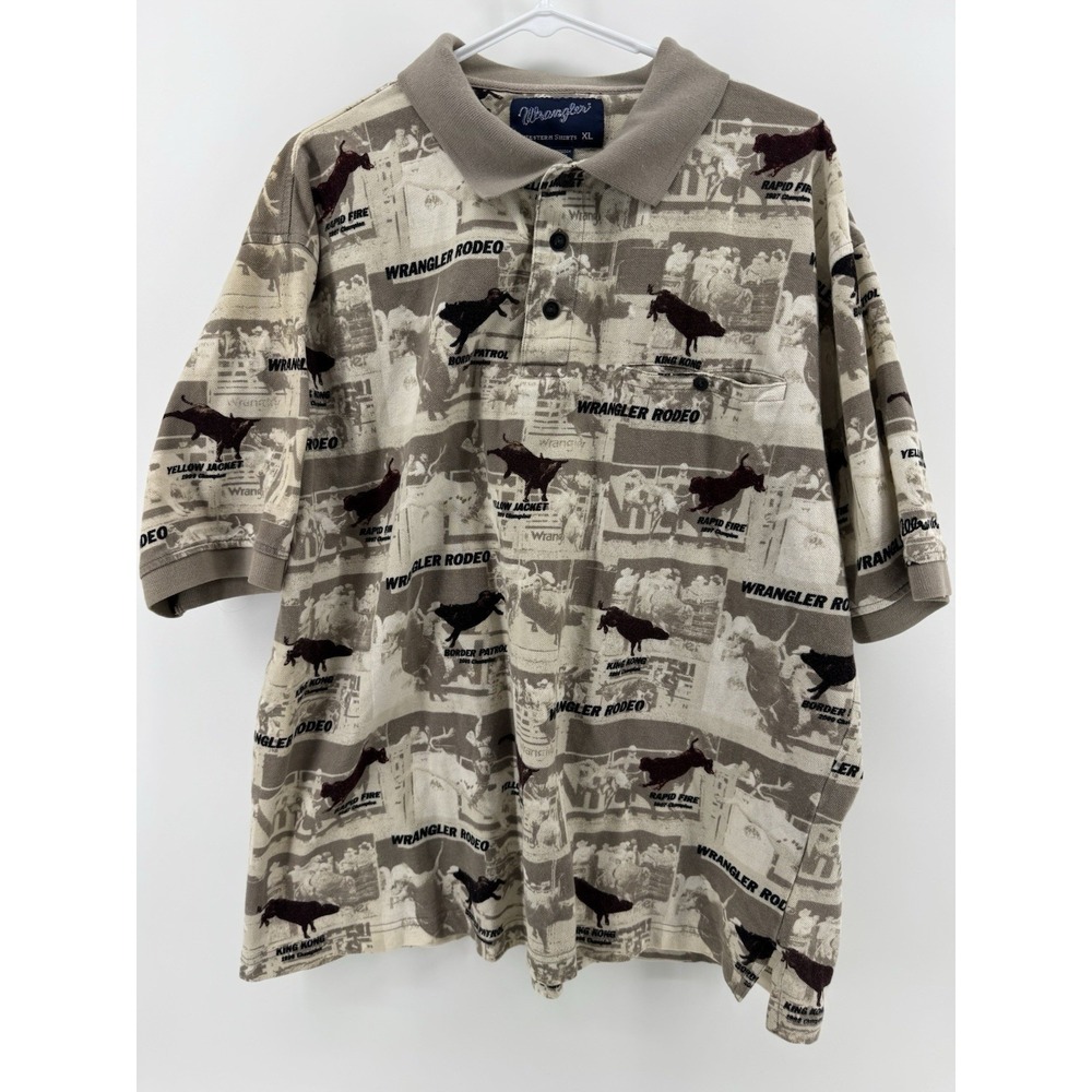 Vintage Wrangler Polo Shirt Mens XL Beige Rodeo Graphic Western‎ AOP Y2K Bull